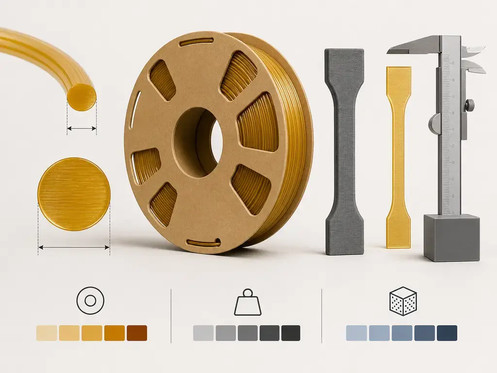 rPETG filament compared with printed test coupons and a spool