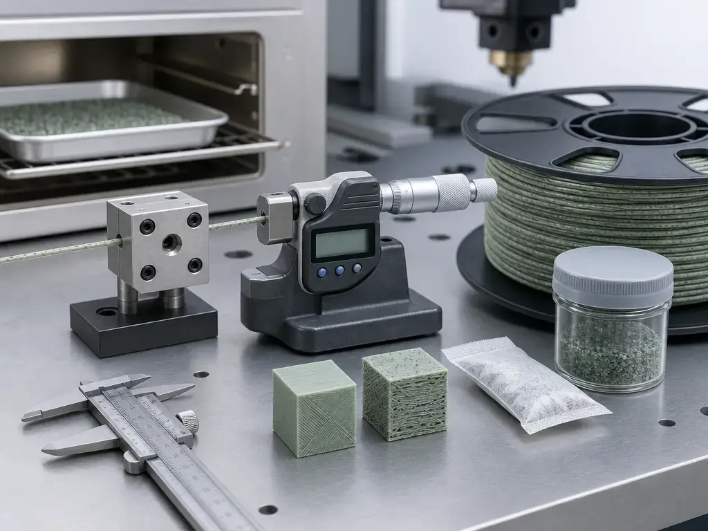 Metrology setup for recycled filament diameter, moisture, and print quality checks