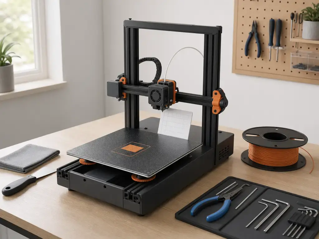 Budget 3D printer setup workflow with first-layer test print