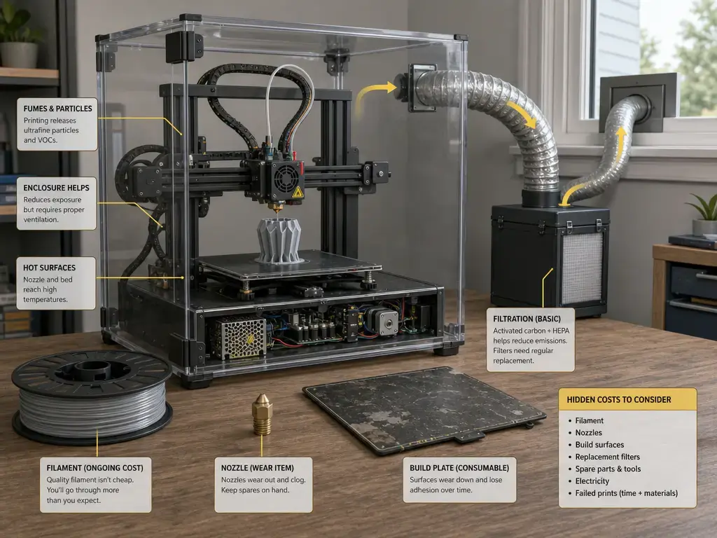 Cutaway of a cheap 3D printer with enclosure, ventilation, and spare parts
