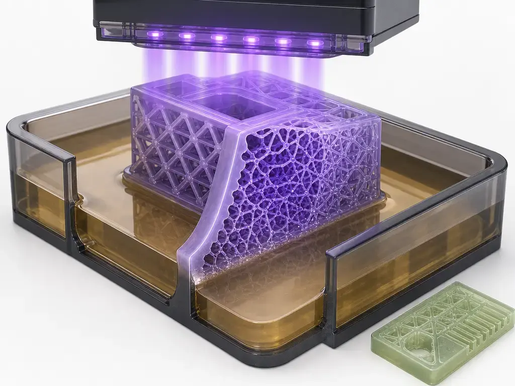 Cutaway of resin curing showing UV-driven polymer network formation in an SLA print