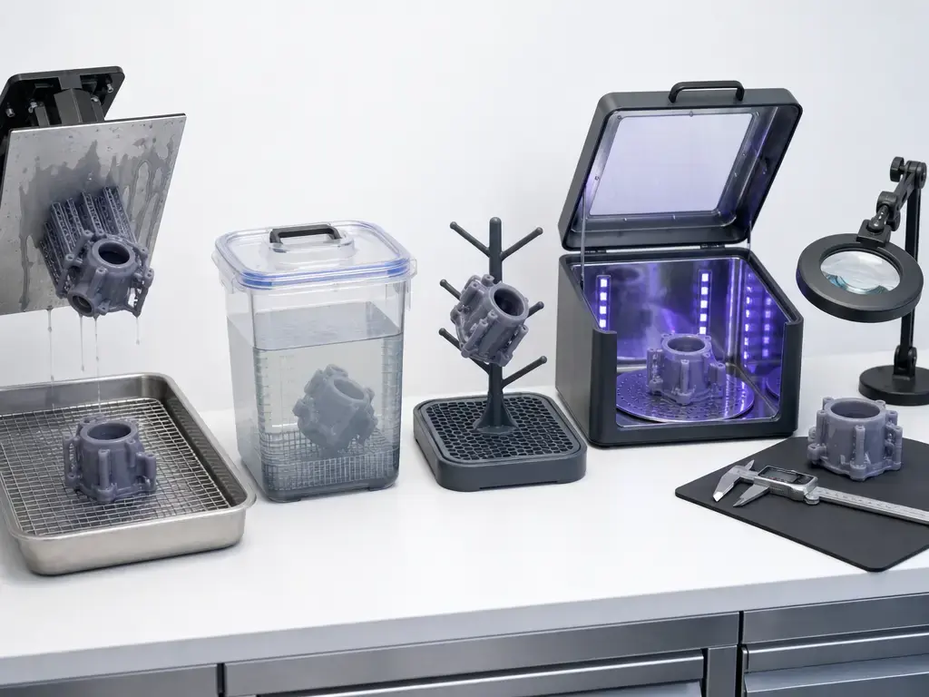 Resin curing workflow with draining, washing, drying, UV post-cure, and inspection stages