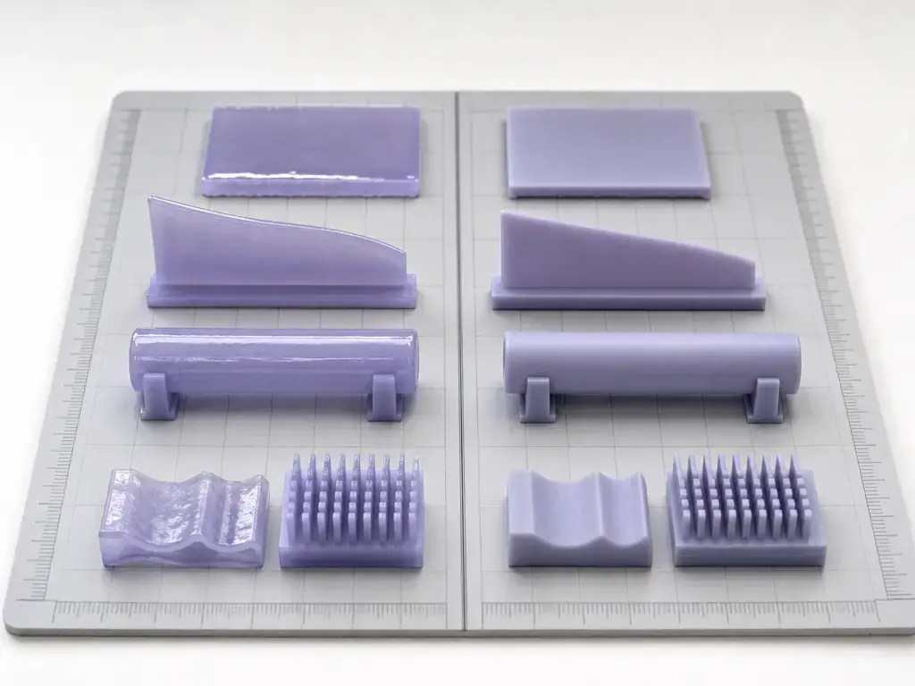 Comparison of green-state and post-cured resin samples showing stiffness, shrinkage, and warp changes