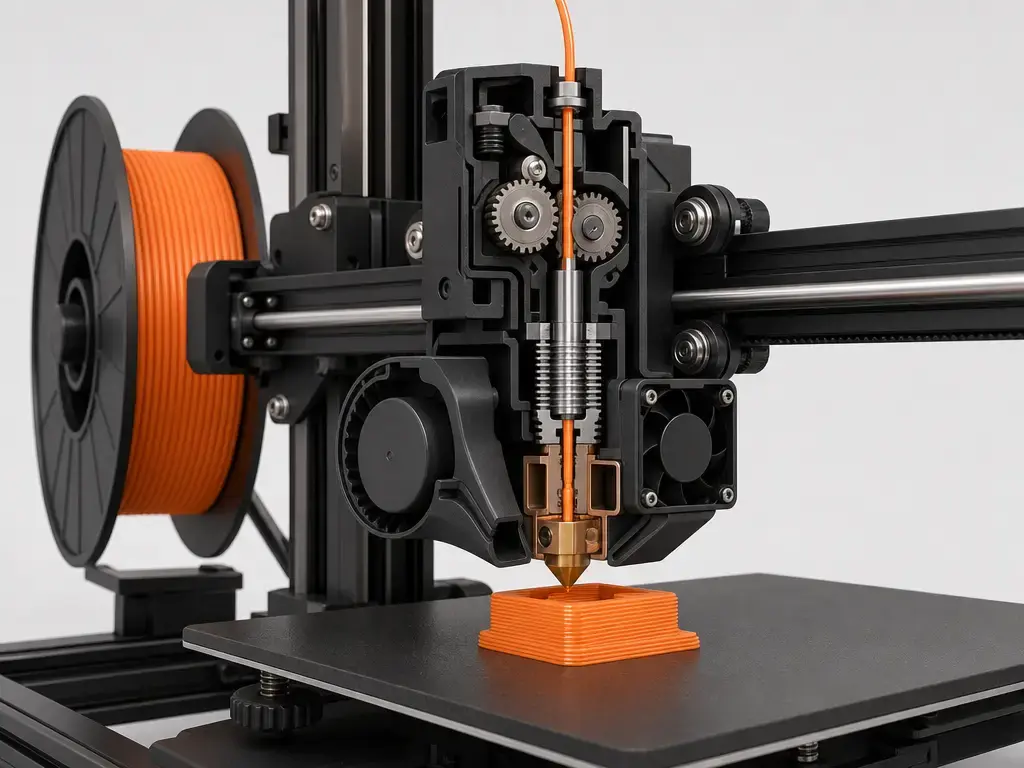 Filament 3D printing cutaway showing spool, extruder, hotend, and nozzle deposition.