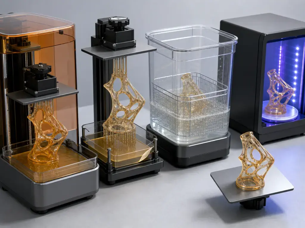 Resin 3D printing workflow with vat, build platform, wash station, and UV cure step.