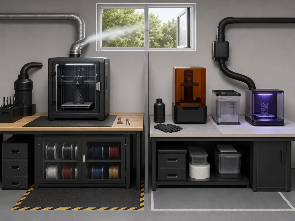 Comparison of indoor filament and resin 3D printing safety setups.