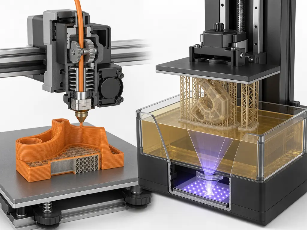 Cutaway of filament extrusion and resin vat printing mechanisms