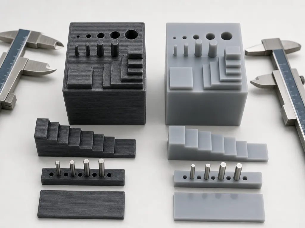Side-by-side resin and filament print quality comparison with gauge geometry