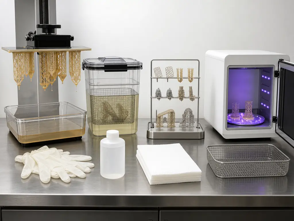 Resin 3D printing workflow with wash and UV cure stations