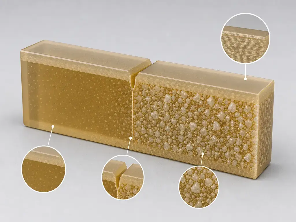 Cutaway of rigid SLA resin coupon showing filled photopolymer structure