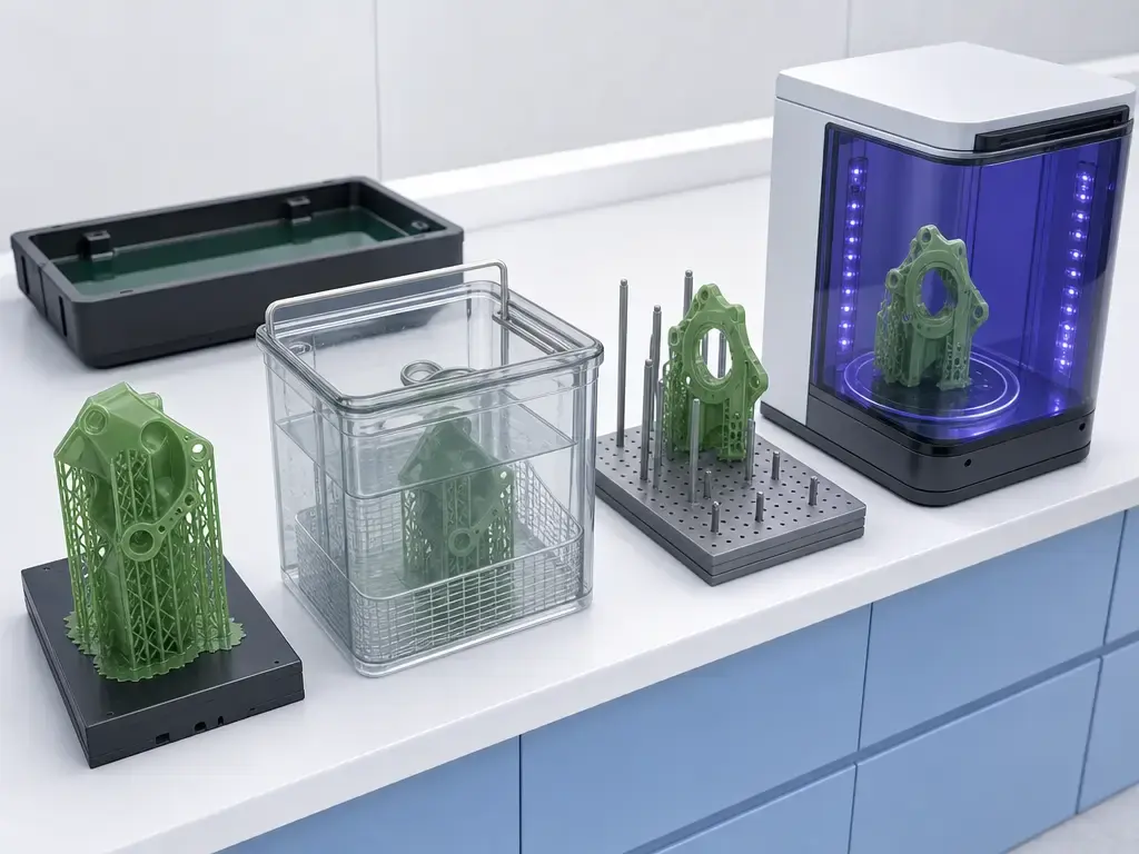 SLA rigid resin post-processing workflow from print to wash to UV cure