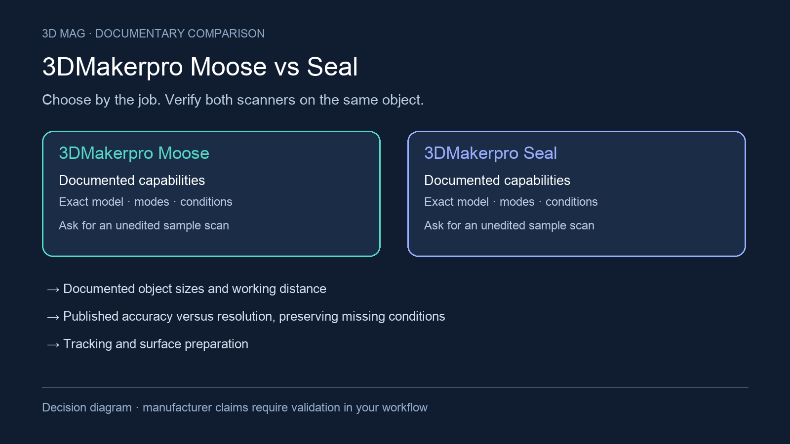 Decision diagram comparing 3DMakerpro Moose and 3DMakerpro Seal through the same documented workflow criteria.
