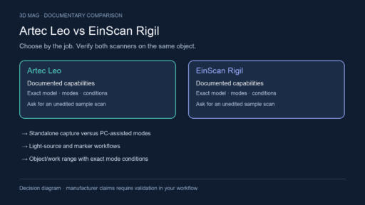 Decision diagram comparing Artec Leo and SHINING 3D EinScan Rigil through the same documented workflow criteria.
