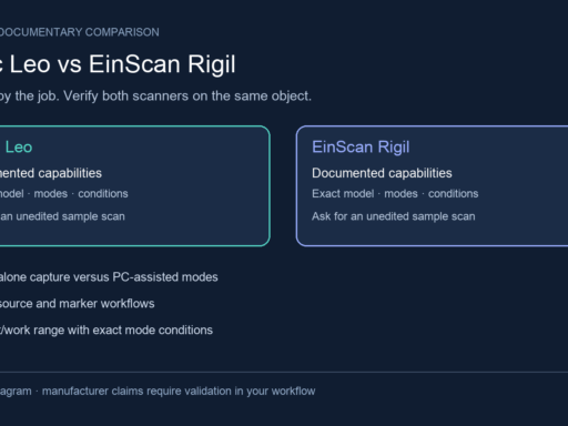 Decision diagram comparing Artec Leo and SHINING 3D EinScan Rigil through the same documented workflow criteria.