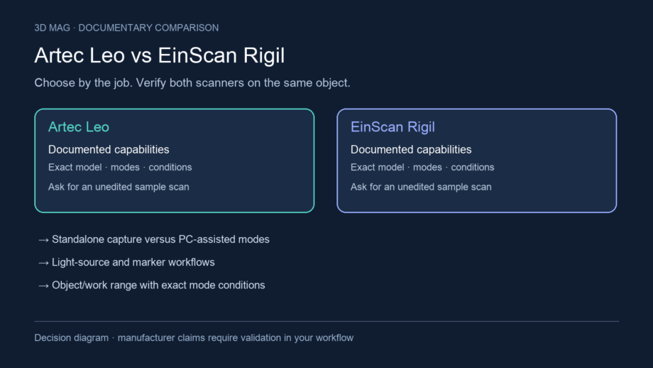 Decision diagram comparing Artec Leo and SHINING 3D EinScan Rigil through the same documented workflow criteria.