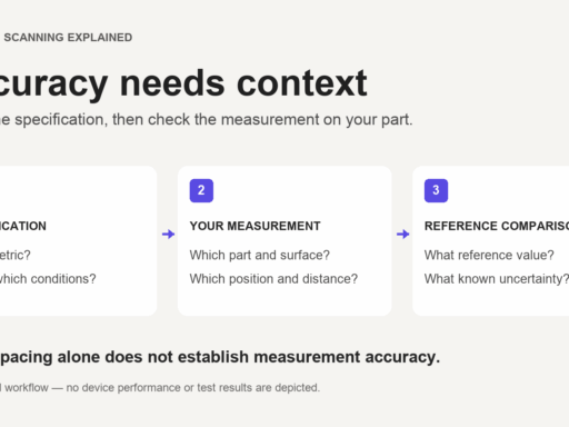 Conceptual scanner accuracy workflow: read the metric and test conditions, define the measurement on your part, and compare it with a reference value of known uncertainty.