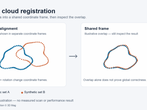 Conceptual registration diagram: two synthetic point sets begin in separate frames, then are illustrated in a shared frame for overlap inspection.
