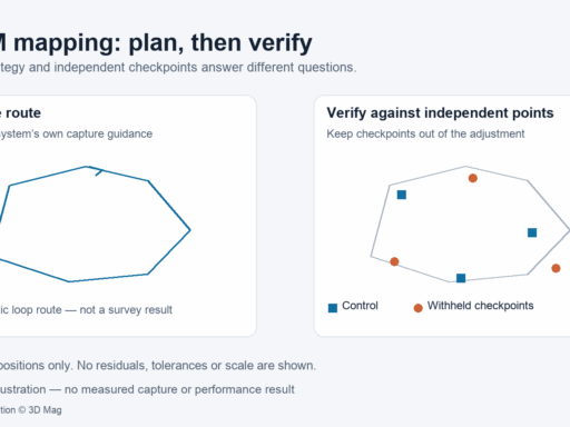 Conceptual SLAM survey illustration: a synthetic loop route is shown alongside control points and separate withheld checkpoints, emphasizing planning and independent verification.