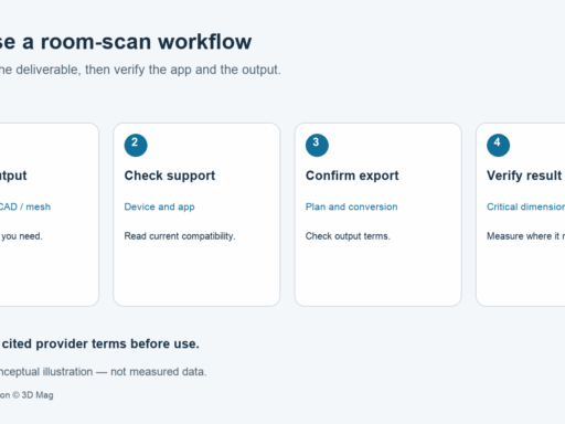 Conceptual four-step room scan workflow: define output, check device support, confirm export terms and verify critical dimensions. No device or measured result is shown.