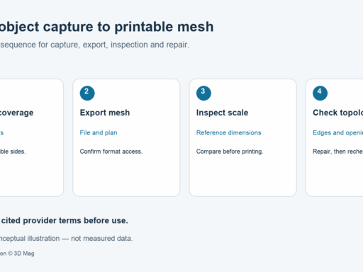 Conceptual phone-to-print mesh workflow: capture object coverage, confirm mesh export, inspect scale and check topology. No tested print or measured accuracy is shown.