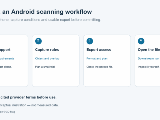 Conceptual Android scanning app checklist: check published device support, plan a trial capture, confirm export format and open the file in the intended tool. No phone model or test result is shown.