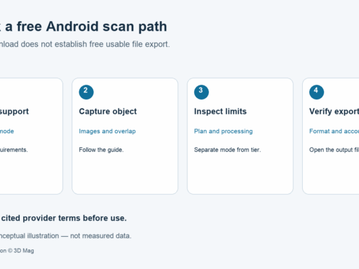 Conceptual checklist for a free Android 3D scanning workflow: confirm device support, capture an object, distinguish capture limits from plan limits and verify a usable export. No quota or test result is shown.