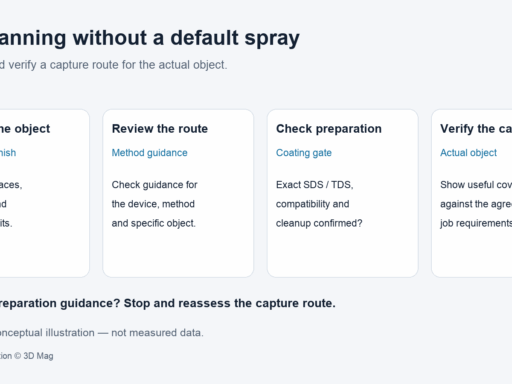Conceptual checklist for choosing a 3D capture route: inspect the object, check method guidance, confirm any surface preparation requirements and verify a demonstration on the actual object.