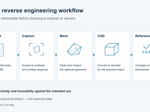 Conceptual reverse engineering sequence: define the deliverable, plan capture, inspect the mesh, convert or remodel in CAD, and compare critical dimensions against references. No device or measured result is shown.
