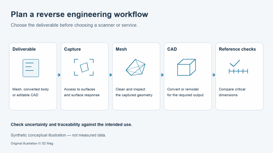 Conceptual reverse engineering sequence: define the deliverable, plan capture, inspect the mesh, convert or remodel in CAD, and compare critical dimensions against references. No device or measured result is shown.