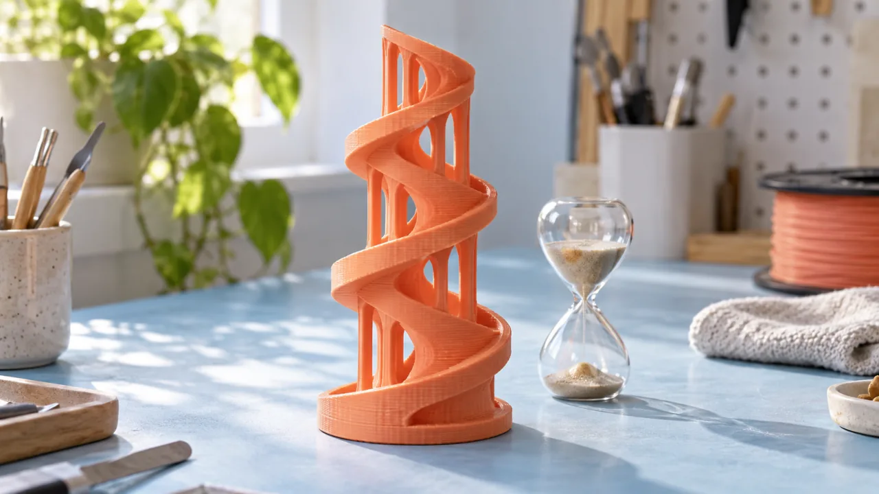Orangefarbener gedruckter Spiralturm neben einer gläsernen Sanduhr.