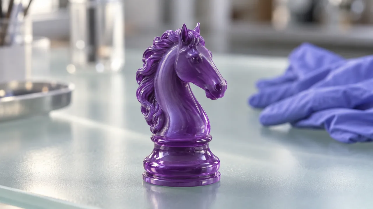 Detailed violet chess knight on a frosted glass surface.