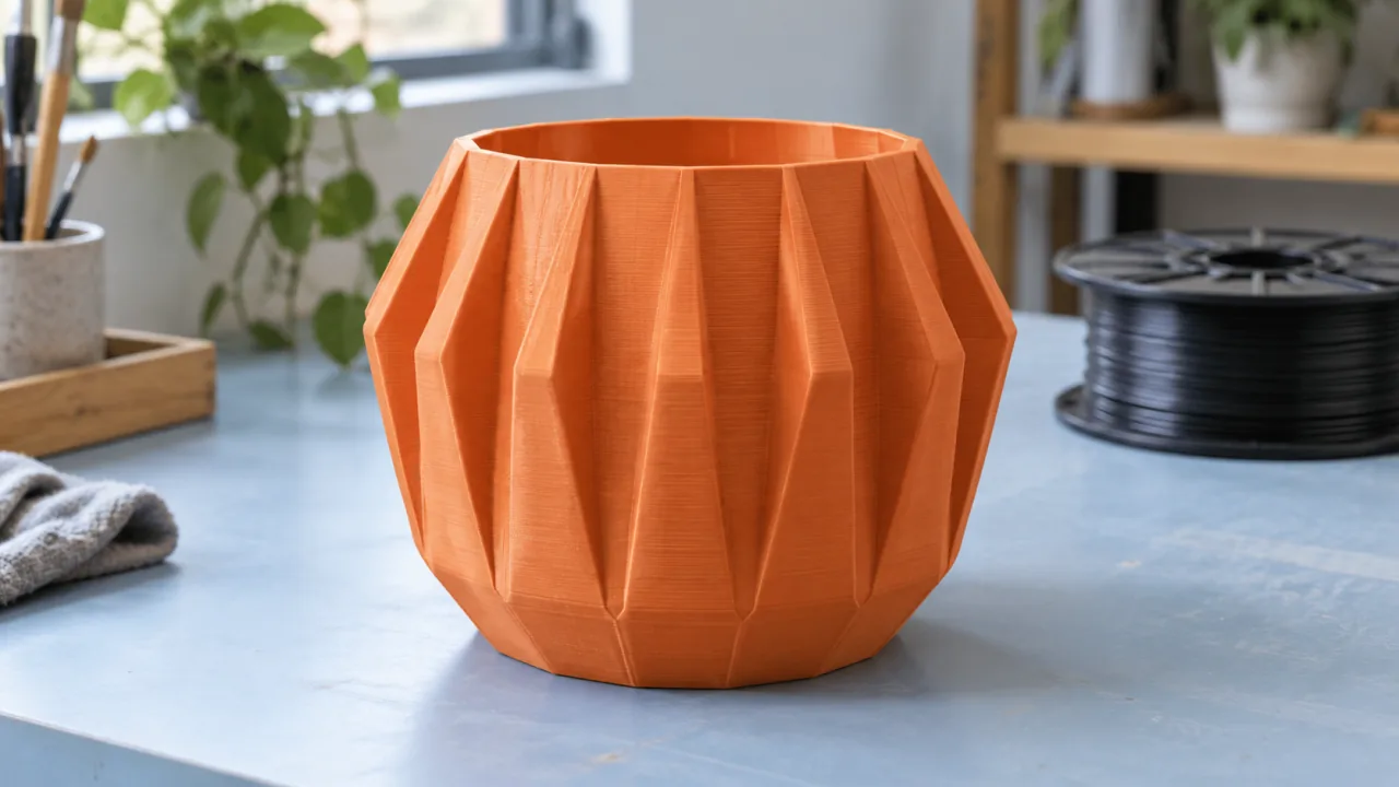 Orange printed planter with geometric ribs on a pale blue workbench.