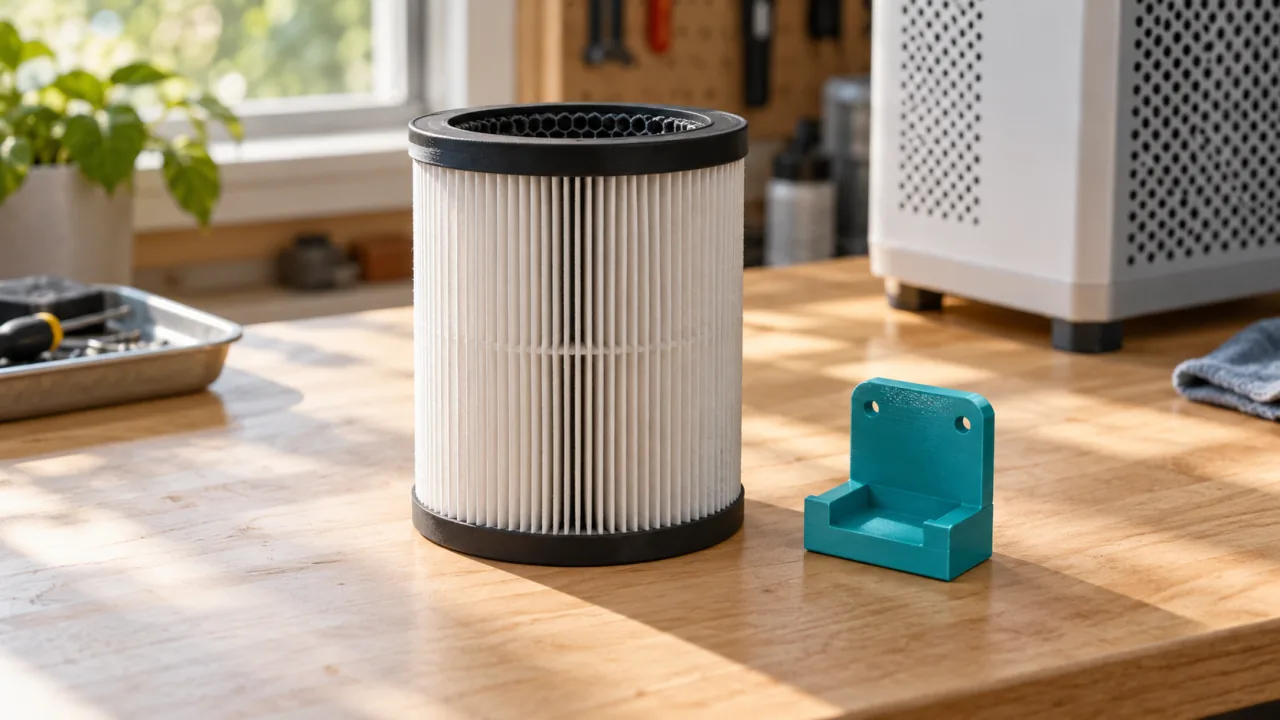 Pleated filter cartridge beside a teal printed bracket on a workshop table.