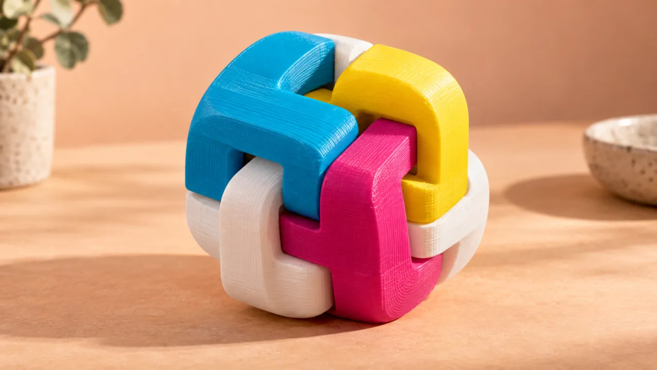 Multicolored printed puzzle sculpture on a peach tabletop.