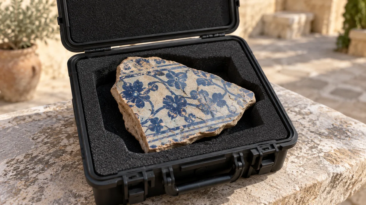 Fragment de céramique émaillée bleue dans une mallette garnie de mousse.