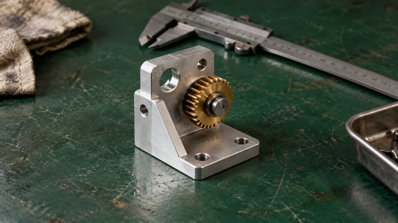 Aluminiumwinkel und Messingzahnrad auf einer grünen Werkbank.