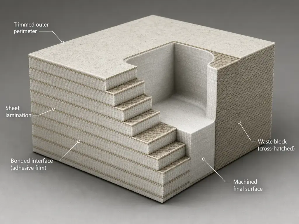 Cutaway of sheet lamination showing bonded layers and a contour inside the waste block.