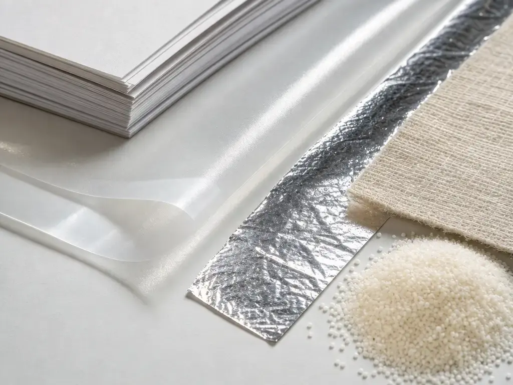 Macro view of sheet lamination materials including paper, polymer film, metal foil, and fiber sheet.