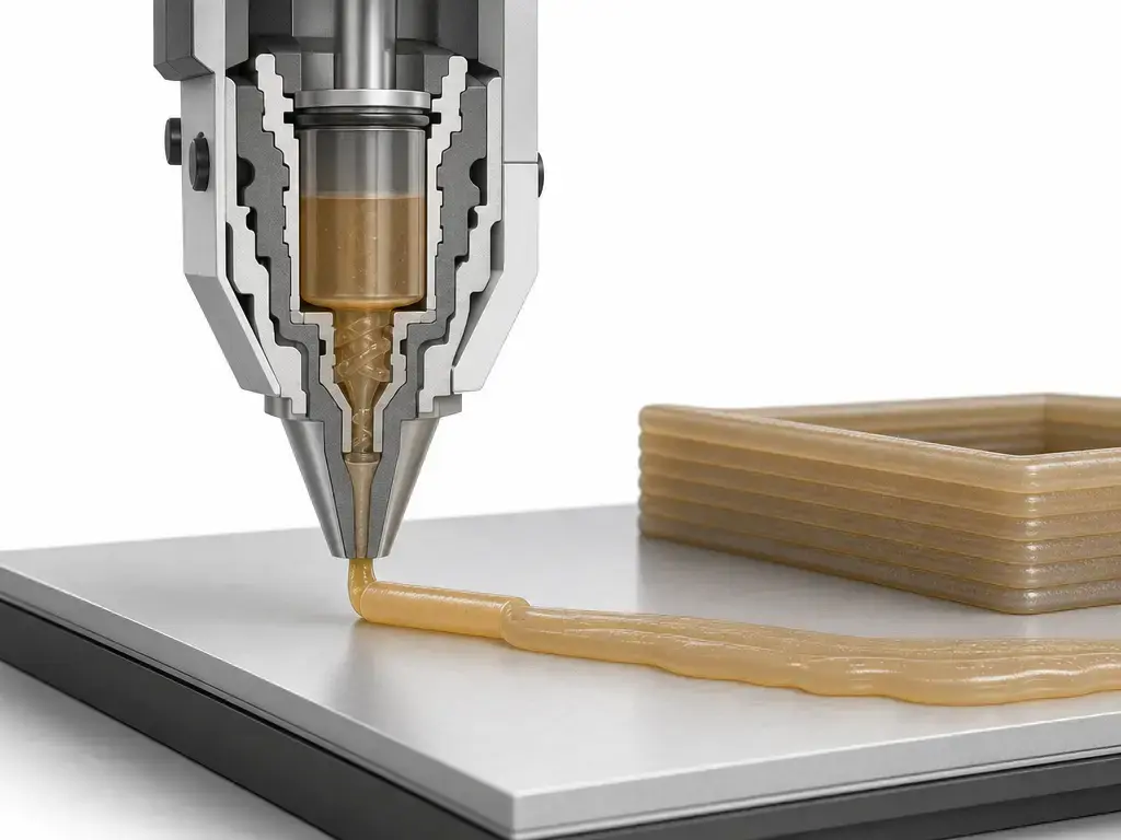 Cutaway of silicone 3D printing showing nozzle flow, bead sag, and layer recovery