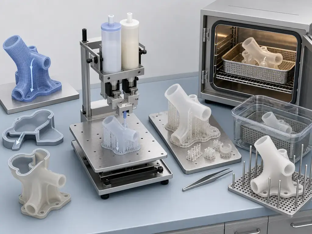 Silicone 3D printing workflow with design, mixing, support removal, washing, and post-cure