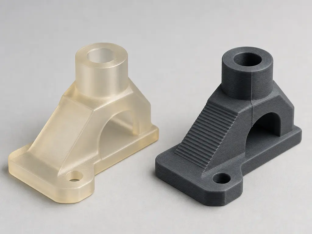 SLA vs FDM surface finish comparison showing smooth resin and visible filament layer lines