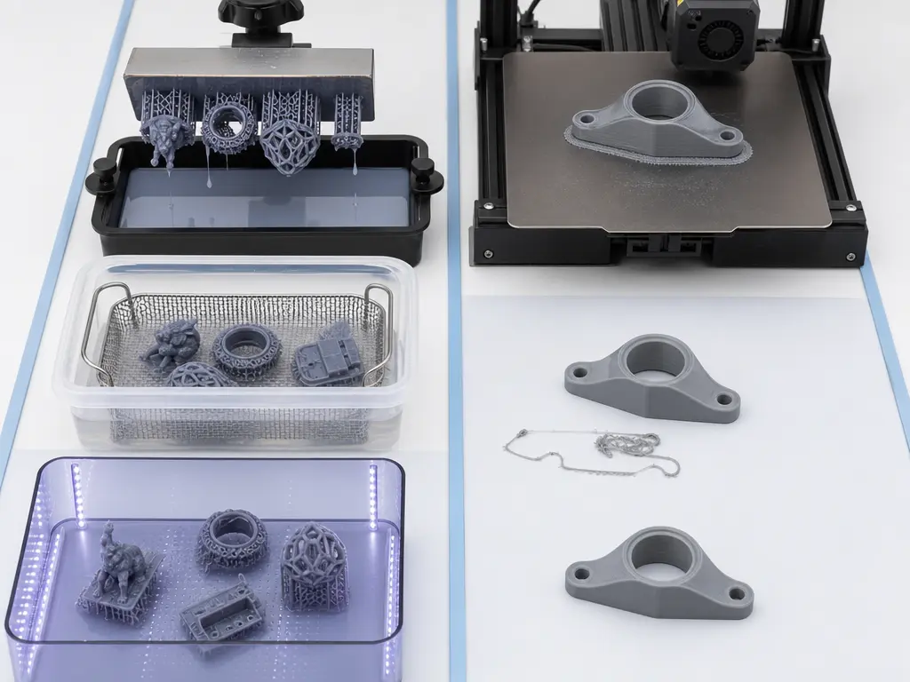 SLA vs FDM workflow scene showing resin wash and cure steps versus simpler filament cleanup