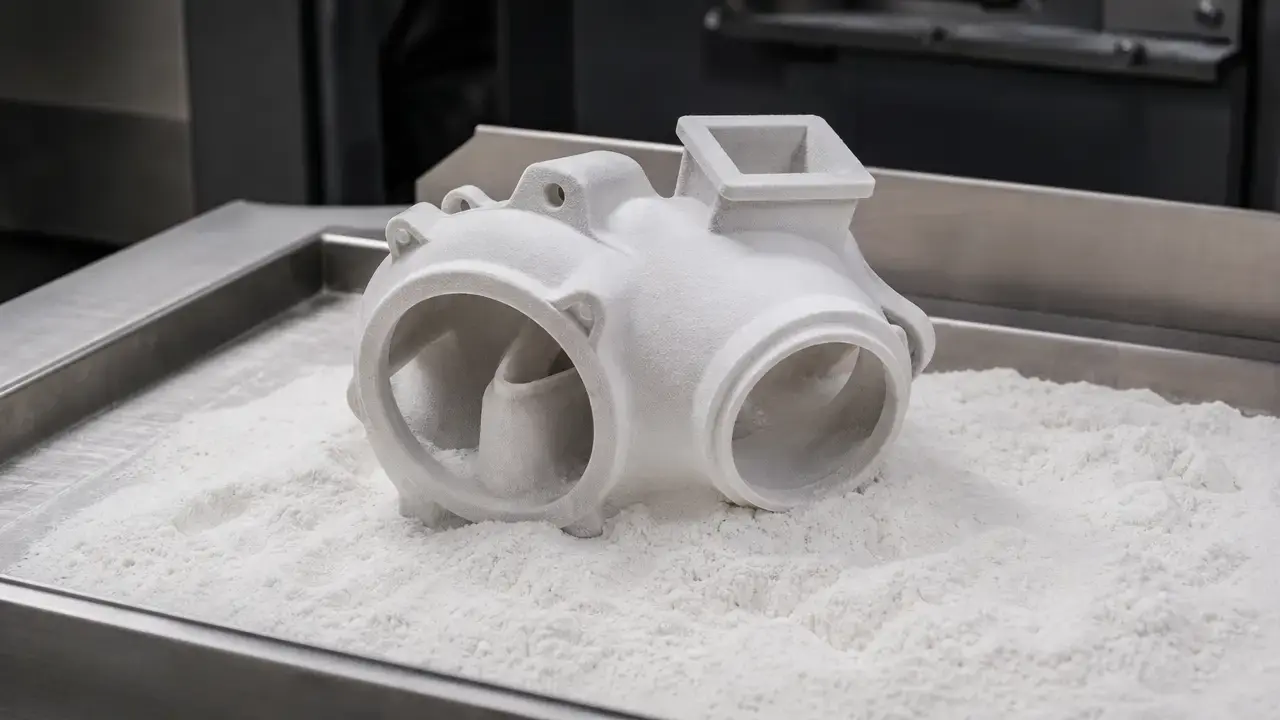 White PA12 powder-bed printed duct housing resting in loose nylon powder at a post-processing station.
