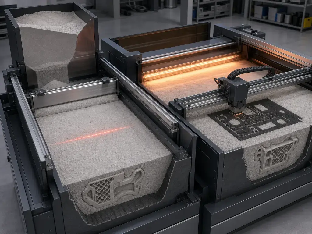 Unlabeled cutaway of polymer powder beds showing laser exposure and agent-assisted infrared fusion.