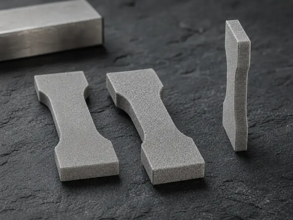 Three untreated PA12 test coupons show top, bottom, and vertical as-built surface textures.