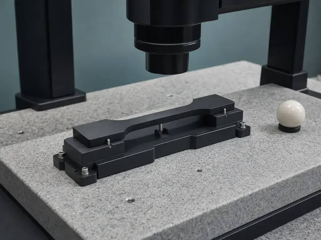 Optical coordinate system measures a matte PA12 test specimen on a fixture and granite reference plate.