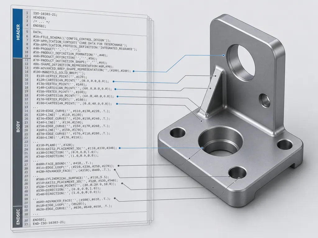 Part 21 STEP file text paired with exact CAD geometry of a mechanical part