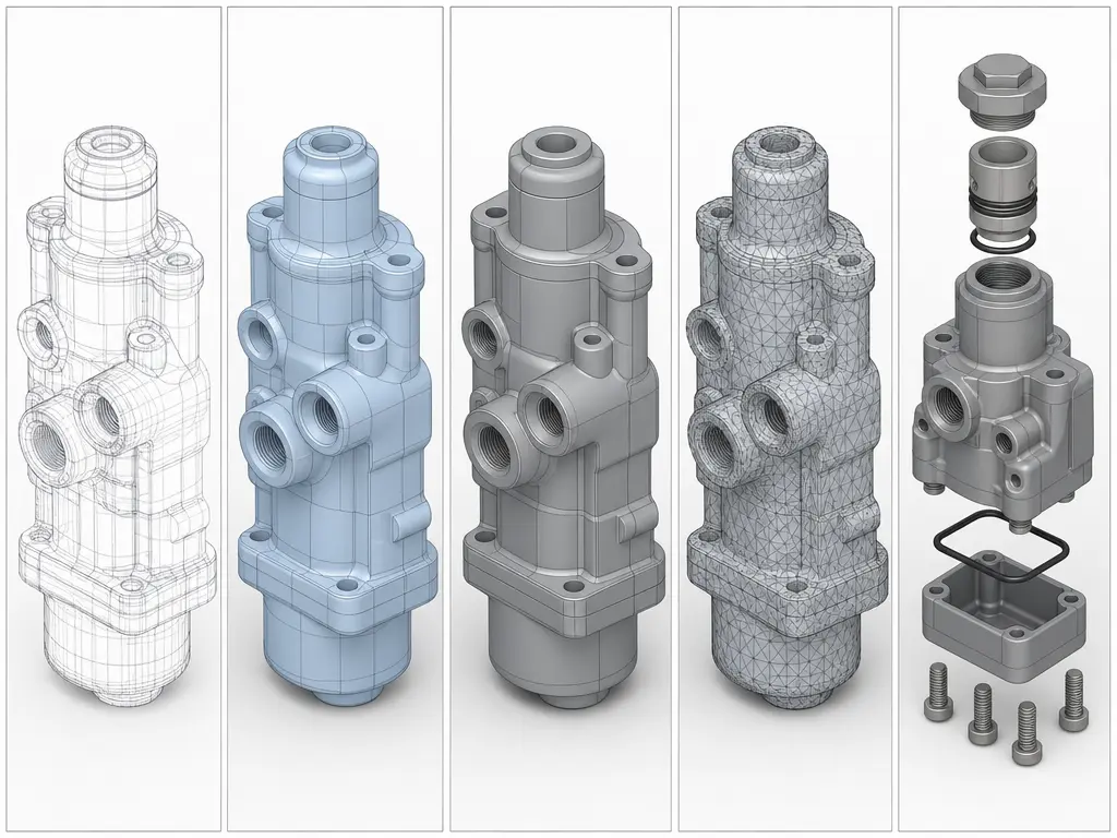 STEP comparison of wireframe, surface, B-rep, tessellated, and assembly representations