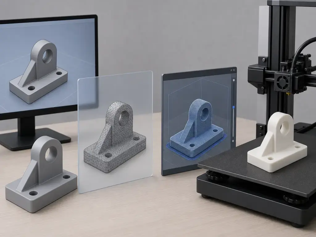 CAD model exported as STL, previewed in slicer, and prepared for 3D printing