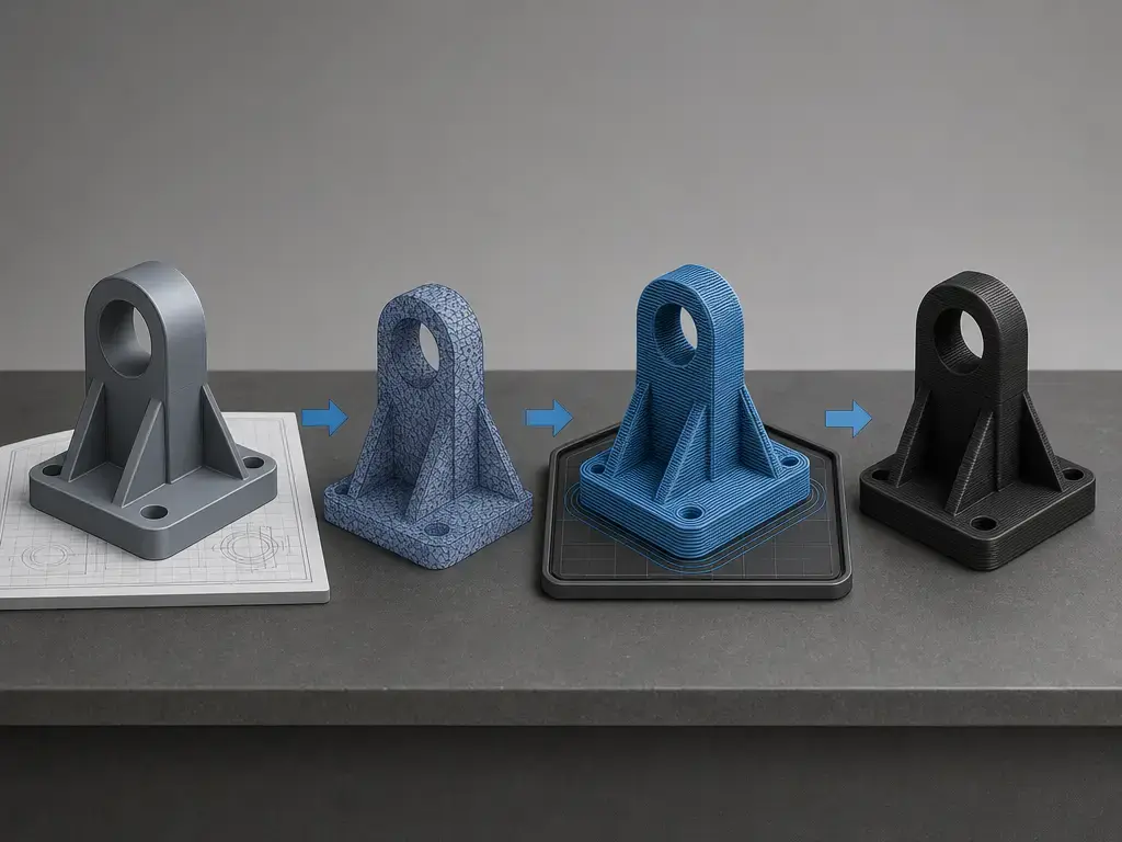 CAD to slicer to printer workflow showing master and handoff files